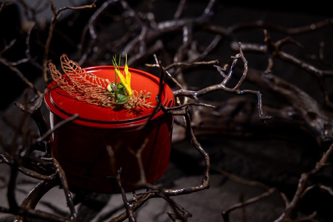 Dabai and avocado feather tuile dusted with Bario merah, on a red lacquer vessel