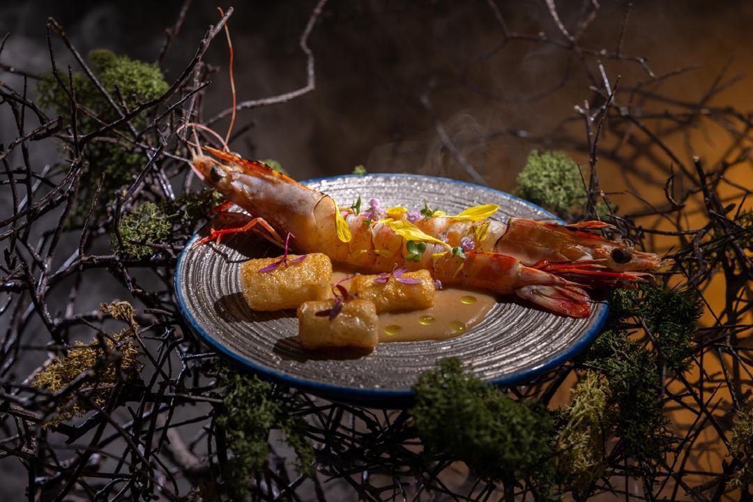 Tiger prawn with smoky yam gnocchi and buah kulim bisque, Course V Sea